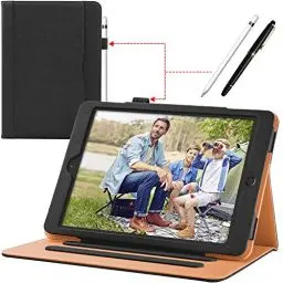 Produktbild: iPad 9.7 Zoll 2018/2017 Hülle Leder (5. / 6. Generation) Kunstleder Business stoßfest Leichte Ständer Schutzhülle Case Cover Mit Steckplatz Auto Schlaf/Wach Funktion für iPad Air 2 / Air 1, Schwarz