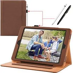 Produktbild: iPad 9.7 Zoll 5/6 Generation 2018/2017 Hülle Leder Kunstleder Business stoßfest Leichte Ständer Schutzhülle Case Cover Mit Pencil Pen Stifthalter Halter Steckplatz für Apple iPad Air 2 / Air, Braun