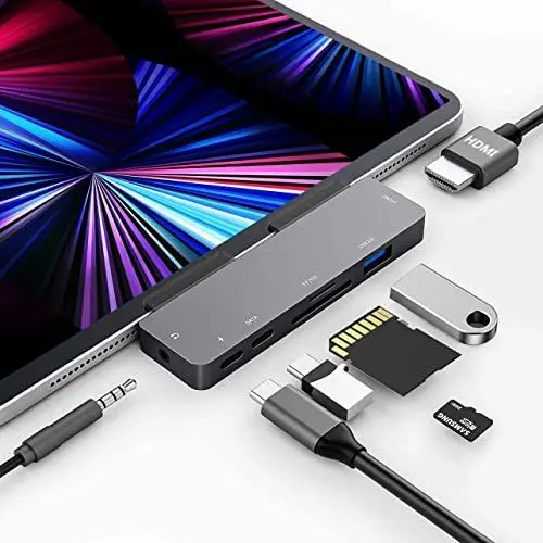 Produktbild: GKEAPZA iPad Pro USB C Hub Adapter für iPad Pro 2024 M4 M2 M1, 7-in-1 Hub mit 4K HDMI, 3.5mm Buchse, USB 3.0, PD 60W, SD/TF Kartensteckplatz, iPad Air 4/5, iPad mini 6, iPad Zubehör