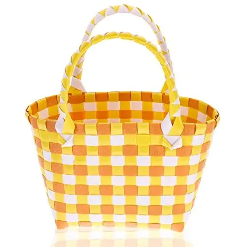 Produktbild: Ipetboom Einkaufstasche Geflochten Handtasche Tragetasche Einkaufstasche Gewebter Einkaufskorb Tote Tasche PVC Tasche Freizeittasche Shopper Tasche mit Griff für Einkauf Strand Dekoration