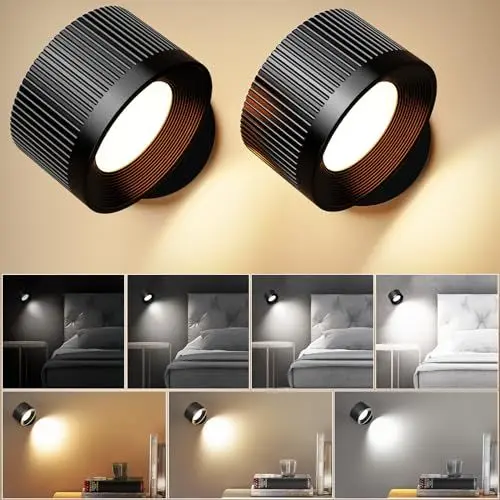 Produktbild: Ipflin Wandleuchte Innen, LED Wandlampe Innen 2 Stück, Wandlampe ohne Stromanschluss 4 Helligkeit und 3 Farbe 360° Drehbare, Dimmbar, Touch-und, Wandlampe Akku Lampe Für Wohnzimmer