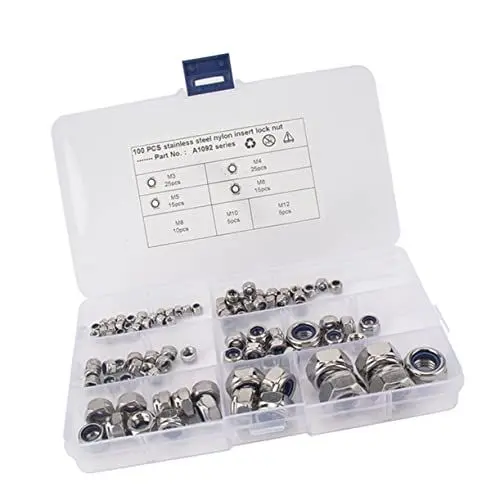 Produktbild: iplusmile 100St Nylon-Kontermutter Nüsse Nuss-Sortiment-Kit Abstandshalter für Schrauben Kontermuttern Flange nuts Locking nuts Flanschmutter rostfreie Rostfreier Stahl Silver