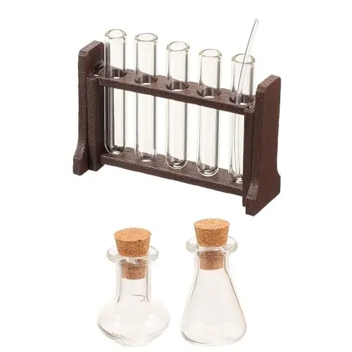 Produktbild: iplusmile 1 Satz Puppenhaus Erlenmeyer Kolben Miniatur Reagenzglasprobe Teströhrchen Probenröhrchen mit Holzständer für Sammler und Dekorationszwecke, Nicht für Kinder