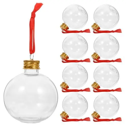 Produktbild: iplusmile Weihnachtstransparenter Flaschenanhänger - 10 Pcs Weihnachtskugeln zum Abfüllen von Wein-Getränke-Ornamenten - Glühbirnenförmige Weihnachtsbaumkugeln mit Deckel und RedBand