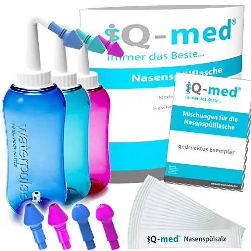 Produktbild: iQ-med Nasendusche 500ml + 44x Salz + 4 Aufsätze, zur Nasenreinigung, Nasenreinigungs-Set (blau)
