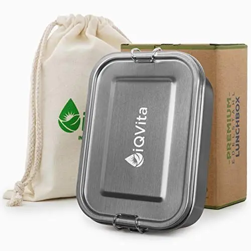 Produktbild: iQVita Brotdose Edelstahl - 800ml - 100% Auslaufsicher - Lunchbox Edelstahl - Mit Fächern - Für Kinder und Erwachsene - inkl. Trennwand, Ersatzdichtung & Baumwollbeutel