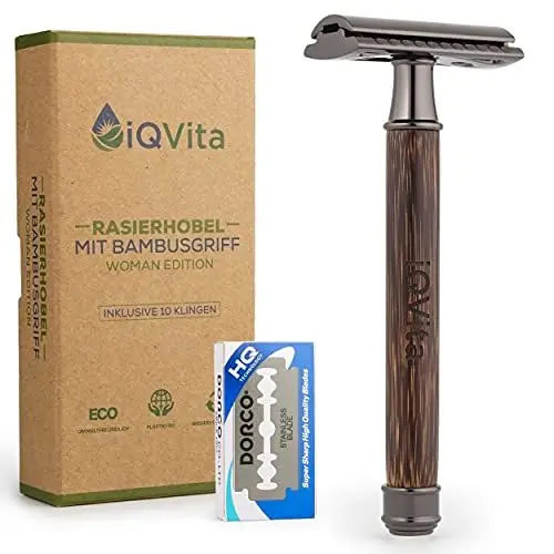 Produktbild: iQVita® Premium Rasierhobel mit Griff aus Bambus - Rasierer Damen - inkl. 10 Rasierklingen - Nassrasierer - geschlossener Kamm - umweltfreundlich & nachhaltig - Zero Waste - inkl. eBook