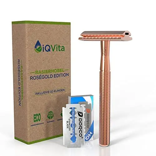 Produktbild: iQVita® - Rasierhobel - Rosegold - inkl. 10 Rasierklingen - Rasierhobel Damen - Safety Razor - Eco Rasierer Metall - Sicherheitsrasierer - Umweltfreundlich & Nachhaltig - Zero Waste - inkl. eBook