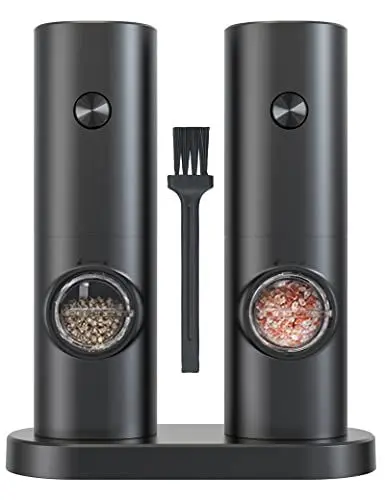 Produktbild: IraXpro Elektrische Salz und Pfeffermühle 2er Set mit Basis,LED-Licht,Batteriebetrieben,Keramikmahlwerk mit Einstellbarer Rauheit,Salz und Pfeffermühle für BBQ,Küche (Schwarz-Batteriebetrieben)