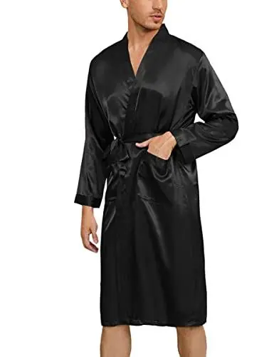 Produktbild: Irdcomps Kimono Robe Herren Satin Bademantel Lang Morgenmantel Leicht Seide Männer Nachtwäsche Pyjama V-Ausschnitt mit Gürtel Schwarz XL