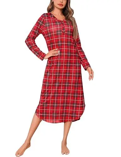 Produktbild: Irdcomps Damen Nachthemd Lang Langarm Schlafshirt Nachtwäsche Nachtkleid Baumwolle Karierte Schlafhemd V-Ausschnitt Rot XXL