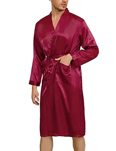 Produktbild: Irdcomps Herren Satin Robe Kimono Morgenmantel Lang Bademantel Leicht Seide Nachtwäsche Pyjama für Männer mit Gürtel Rot XL
