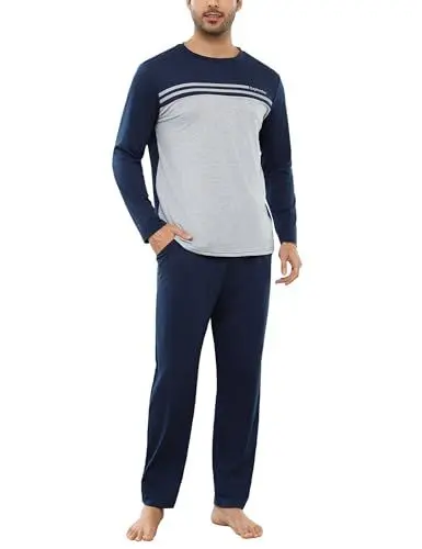 Produktbild: Irdcomps Herren Schlafanzug Lang Pyjama Winter Baumwolle Nachtwäsche Set Männer Langarm mit Schlafhose Navyblau L