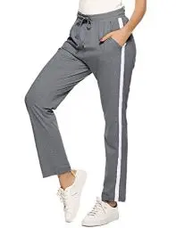 Produktbild: Irdcomps Jogginghose Damen Trainingshose Lang Sporthose Baumwolle High Waist mit Streifen Yoga Hose Freizeithose Weite Damenhose Dunkelgrau XL