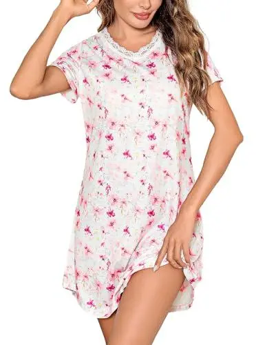 Produktbild: Irdcomps Nachthemd Damen Kurzarm Sexy Spitzenkragen Schlafshirt für Damen V-Ausschnitt Nachtkleid Kurz Sommer Blumenmuster Nachtwäsche