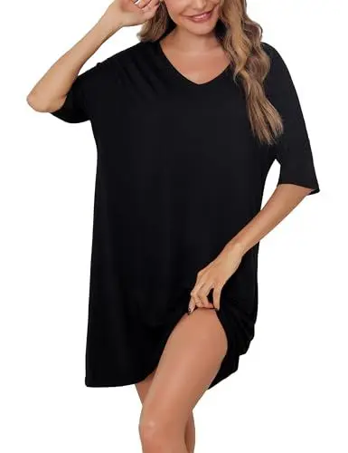 Produktbild: Irdcomps Nachthemd Damen Schlafshirt Sleepshirt Kurzarm Baumwolle Kurz Sexy Schlafkleid Schlafhemd Große Größen Sommer Nachtwäsche Schwarz XXL