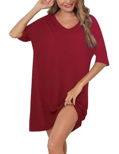 Produktbild: Irdcomps Nachthemd für Damen Kurzarm Schlafshirt Sleepshirt Baumwolle Kurz Sexy Schlafkleid Schlafhemd Große Größen Sommer Nachtwäsche Rot XXL