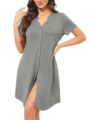 Produktbild: Irdcomps Nachthemd für Damen Schlafshirt Kurz Schlafhemd Baumwolle Nachtwäsche Nachtkleid Loungewear Kurzarm V-Ausschnitt mit Taschen Knopfleiste Sommer Grau M