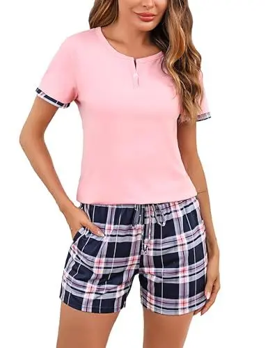 Produktbild: Irdcomps Pyjama Damen Kurz Schlafanzug Shorty Sommer Baumwolle Nachtwäsche Sexy Schlafanzüge Set Kurzarm mit Shorts Karierter Rosa L