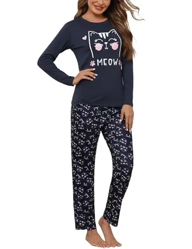 Produktbild: Irdcomps Pyjama Damen Lang Schlafanzug Baumwolle Nachtwäsche Set Winter Schlafanzughose mit Katez Blau S