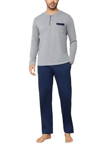 Produktbild: Irdcomps Pyjama Herren Lang Schlafanzug Winter Baumwolle Nachtwäsche Set Männer Langarm mit Knöpfen Grau XL