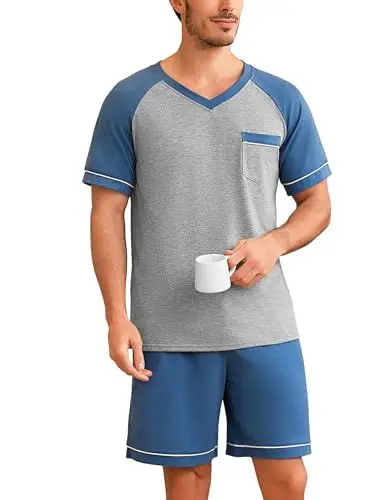 Produktbild: Irdcomps Pyjama Herren Schlafanzug Kurz Sommer Baumwolle Shorty Set Männer Kurzarm Nachtwäsche mit Shorts Blau L