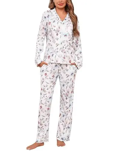 Produktbild: Irdcomps Schlafanzug Damen Lang Pyjama Baumwolle Pyjamas Set Winter Knopfleiste Schlafanzüge Zweiteiliger Weiß M