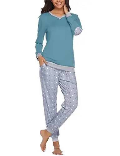 Produktbild: Irdcomps Schlafanzug Damen Lang Pyjama Baumwolle Winter Nachtwäsche Set V-Ausschnitt Blau XXL