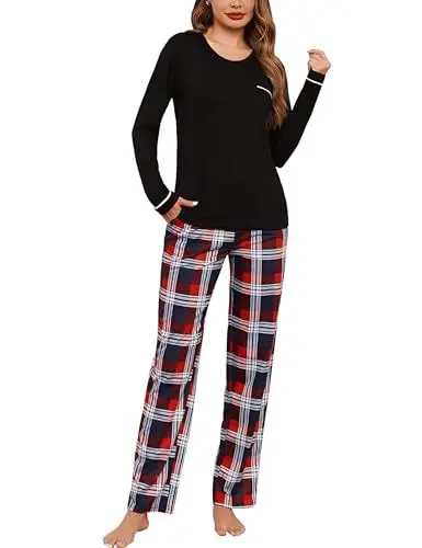 Produktbild: Irdcomps Schlafanzug Damen Lang Pyjama Set Baumwolle Schlafanzüge Winter Nachtwäsche mit Kariert Hose Sleepwear Zweiteiler Schwarz S