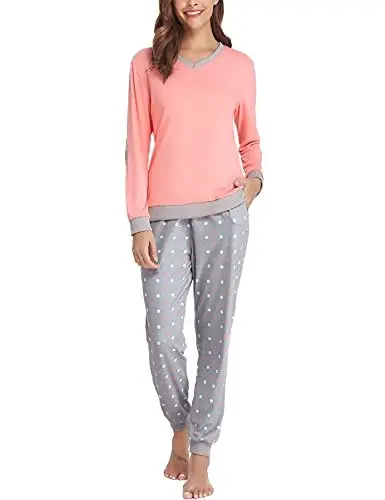 Produktbild: Irdcomps Schlafanzug Damen Pyjama Lang Baumwolle Winter Nachtwäsche Set Langarm Rosa M