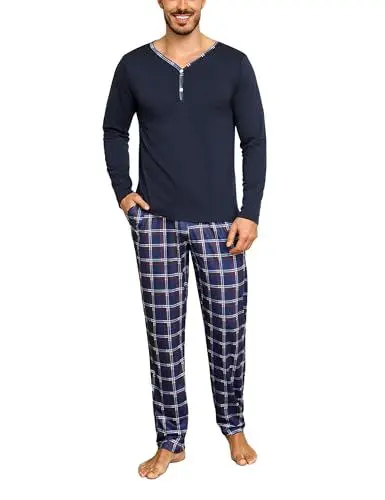 Produktbild: Irdcomps Schlafanzug Herren Lang Pyjama Baumwolle Nachtwäsche Set Männer Karierter V-Ausschnitt mit Knöpfen Navyblau L