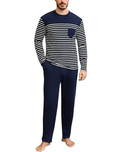 Produktbild: Irdcomps Schlafanzug Herren Lang Pyjama Winter Baumwolle Nachtwäsche Set Langarm mit Brusttasche Dunkelblau XL