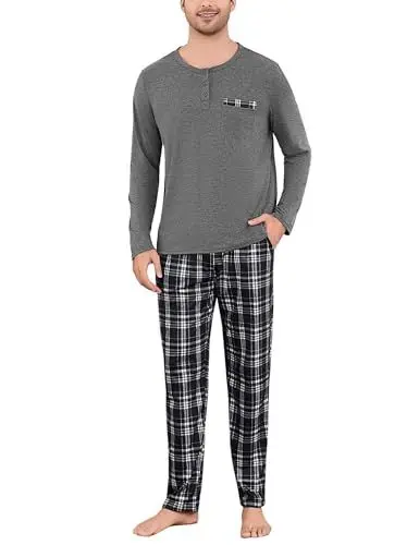 Produktbild: Irdcomps Schlafanzug Herren Lang aus Baumwolle Pyjama für Herbst und Winter Schlafanzüge mit Henley Ausschnitt Pyjamas mit Kontrastfarben Schlafanzug-Set