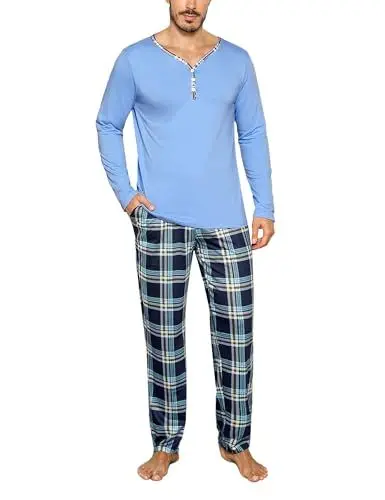 Produktbild: Irdcomps Schlafanzug Herren Pyjama Lang Baumwolle Winter Nachtwäsche Set Männer mit Karierter Schlafanzughose Hellblau L