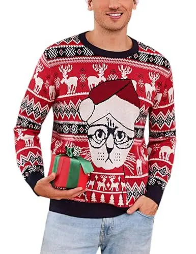 Produktbild: Irdcomps Weihnachtspullover Herre Weihnachtspulli Weihnachten Pullover Strickpulli für Weihnachten Lustig Christmas Sweater Ugly Rundhals Hässlich Rot XL