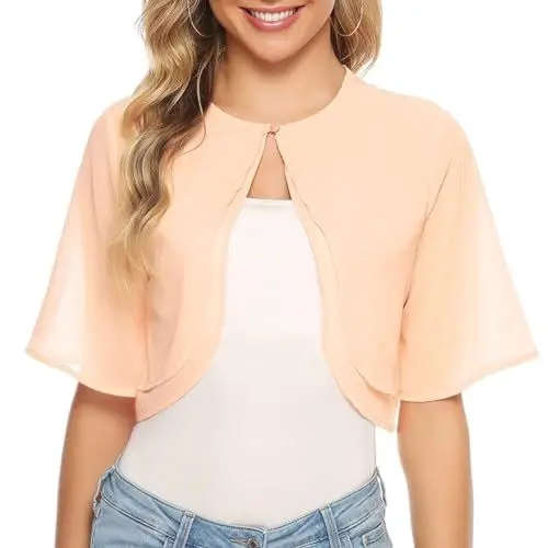 Produktbild: Irevial Bolero Damen Festlich Elegant Kurz Strickjacke Bolerojacke Schulterjacke Jäckchen für Abendkleid Hochzeit 3/4 Ärmel Beige L
