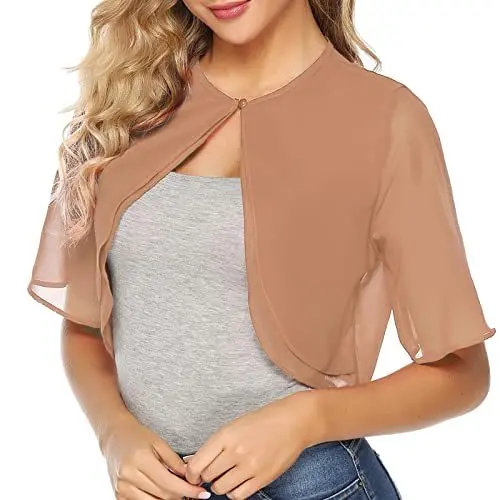 Produktbild: Irevial Bolero Damen Festlich Elegant Kurz Strickjacke Bolerojacke Schulterjacke Jäckchen für Abendkleid Hochzeit 3/4 Ärmel Hellbraun XL