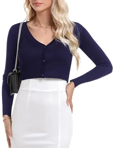 Produktbild: Irevial Damen Bolero Festlich Langarm Elegant Bolerojacke Kurze Lässige Strickjacke Shrug Solid Cardigan Top Navy Blau S