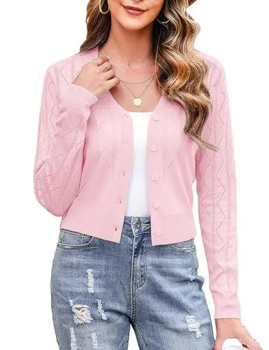 Produktbild: Irevial Damen Bolero Festlich Langarm Elegant Bolerojacke Lässige Kurze Strickjacke Shrug Solid Cardigan Top Rosa L