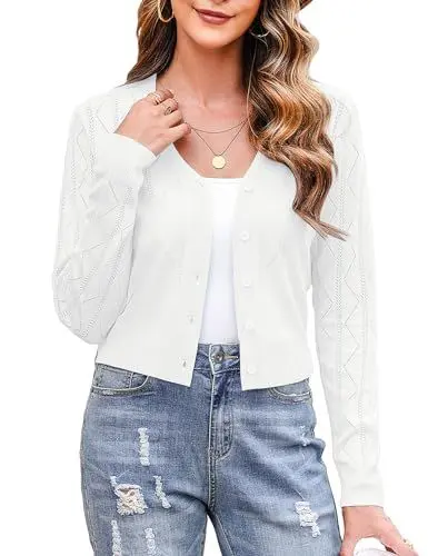 Produktbild: Irevial Damen Bolero Kurze Strickjacke Langarm Cardigan Elegante Jacke Stricken V-Ausschnitt mit Knopf Weiß XXL
