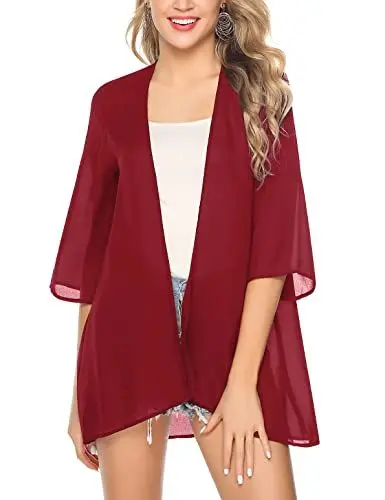 Produktbild: Irevial Damen Chiffon Kimono Cardigan 3/4 Arm Bikini Cover Up Leichte Strand Offene Front Jacke für Sommer, Einfarbig-Rot, M
