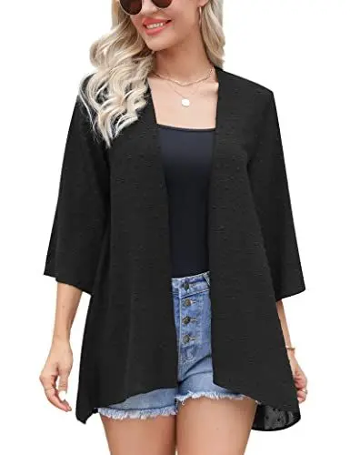 Produktbild: Irevial Damen Strandkleid Bikini Cover Up Sommer Chiffon Kimono 3/4 Arm Lässige Leichte Elegant Cardigan Bademode Strand Vertuschen Schwarz L
