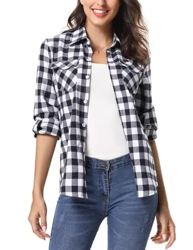 Produktbild: Irevial Damen Karierte Bluse Karo Flanell Hemden Classic Button-down Blusenshirt Langarm Plaid Shirt Oberteile für Frühling und Herbst Schwarz S