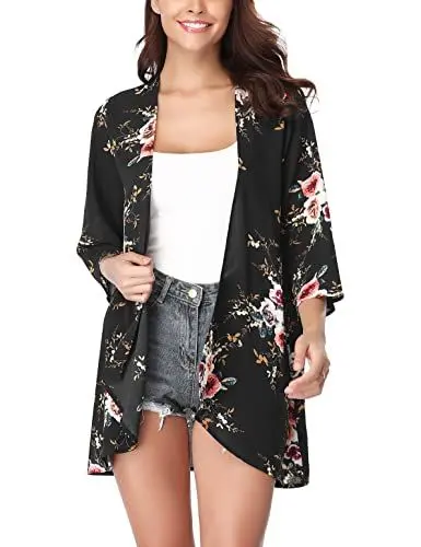 Produktbild: Irevial Damen Kimono Cardigan Chiffon Strand Cover Up Elegante Leichte Sommerjacke für Freizeit Ferien, Schwarz, M