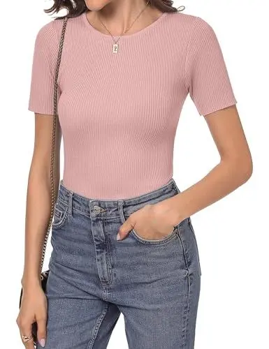 Produktbild: Irevial Tshirt Damen Top Elegant Kurzarm Gerippt mit Rundhals in Schmaler Passform Oberteile Sommer Basic Shirts Rosa S
