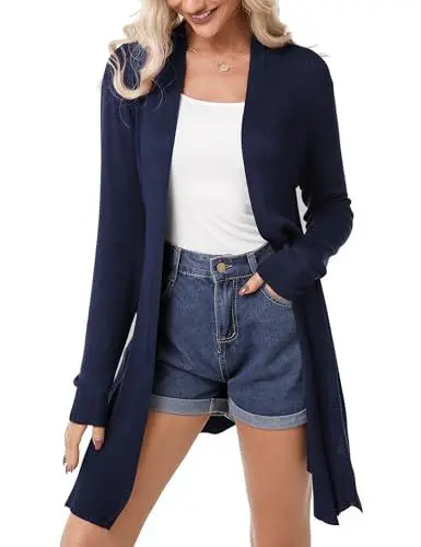 Produktbild: Irevial Damen Strickjacke Lang Cardigan Leichte Dünne Elegant Lässige Langarm Gestrickt Hohl Jacke Blau XXL