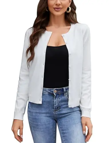 Produktbild: Irevial Strickjacke für Damen Leichte Cardigan Langarm Gestrickt Casual Klassisch Rundhalsstrickjacke mit Knöpfen Weiß L