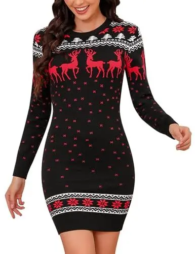 Produktbild: Totatuit Weihnachtskleid Strickkleid Damen Rundhals Weihnachten Pulloverkleid Weich Reindeer Pullikleid mit Schneeflocken Muste
