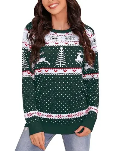 Produktbild: Irevial Weihnachtspullover Damen Lustig Ugly Christmas Sweater Rundhals Strickpullover mit Schneeflocken und Rentier Winter Pulli Warm Langarm Oberteile für Frauen Grün S