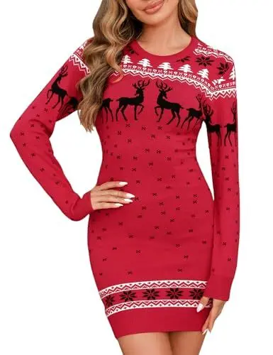 Produktbild: Irevial Weihnachtspullover Damen Strickkleid Rundausschnitt Basic Winterkleid Stretch Sweater Pulloverkleid Midikleid Winter Midikleid Langarm Rentier Geeignet Für Hochzeit Heiligabend XXL Rot